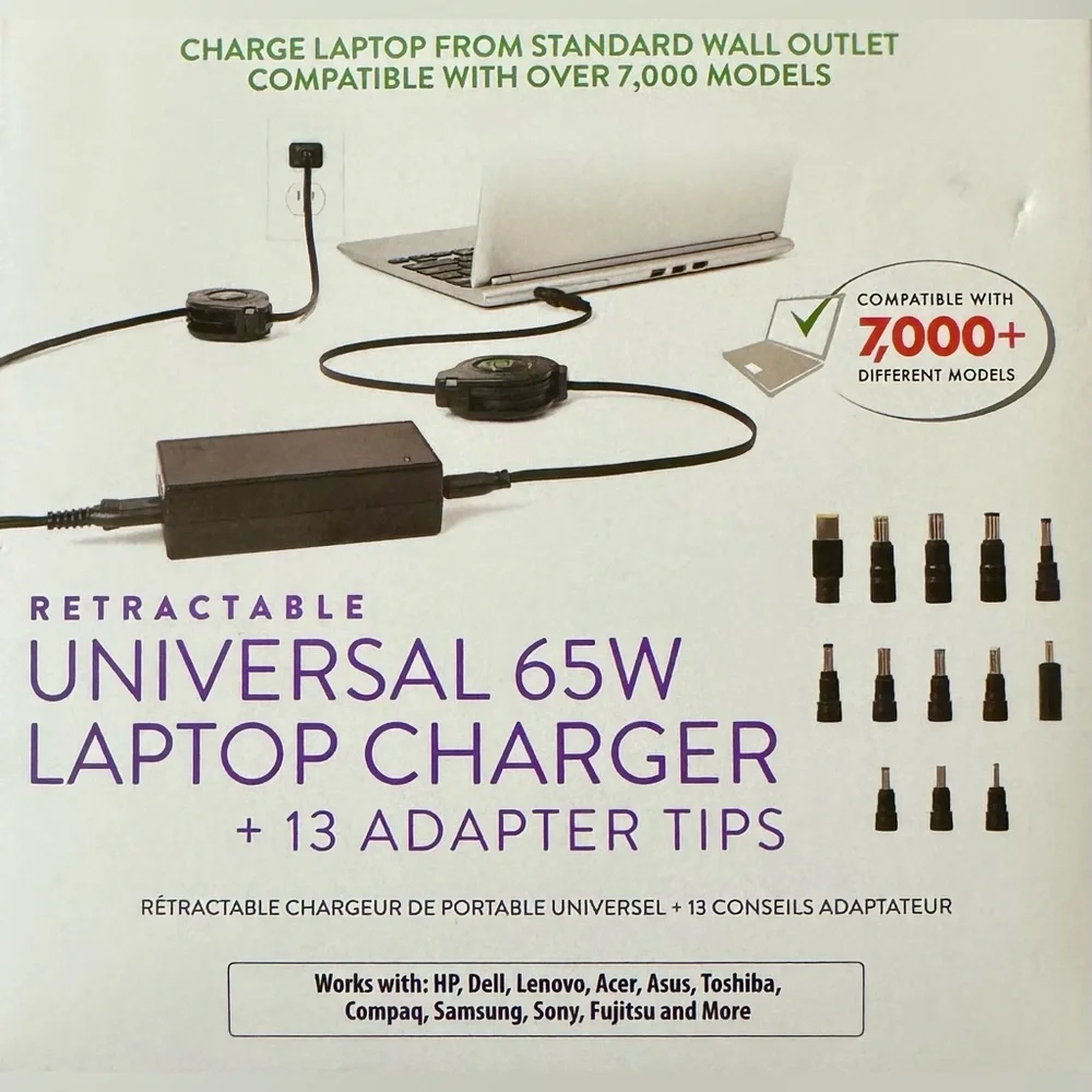 ReTrak Retractable Universal 65W Laptop Charger + 13 Adaptor Tips
